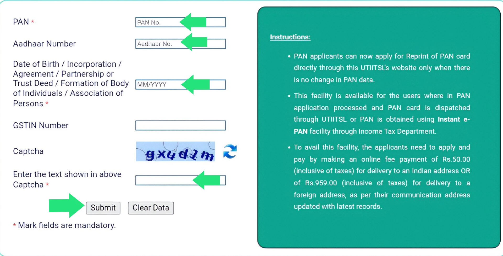 UTIITSL Reprint PAN Interface Screenshot